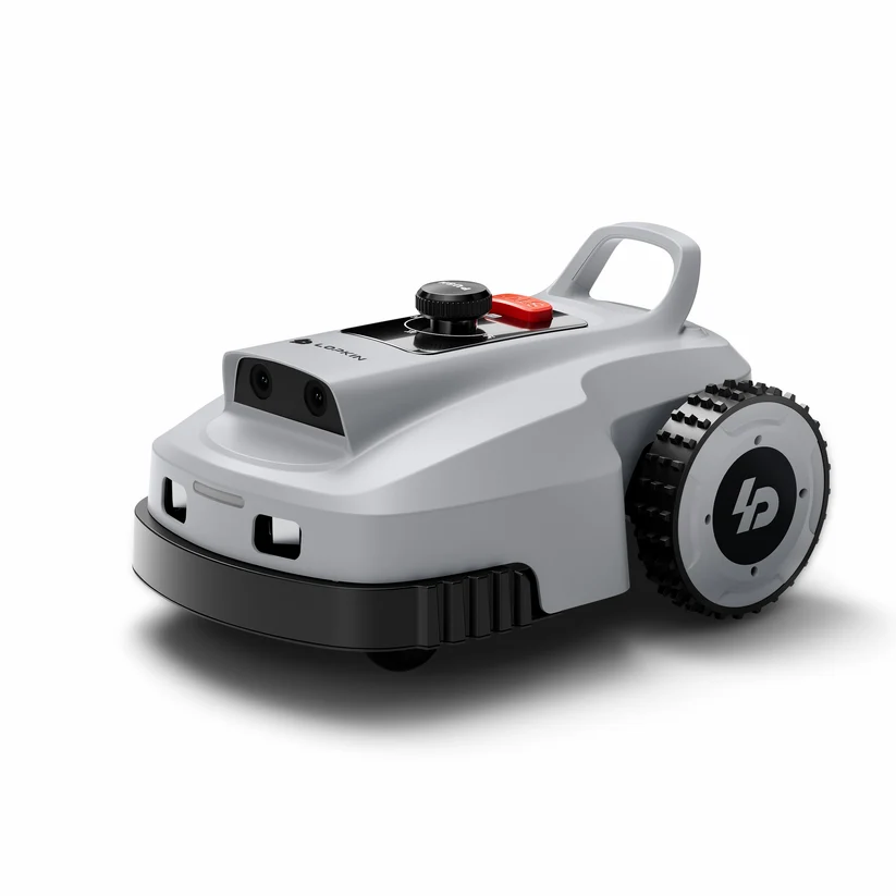 Lopkin L2500 robot mower, front three-quarter view, with its twin-lens 3D camera and carry handle