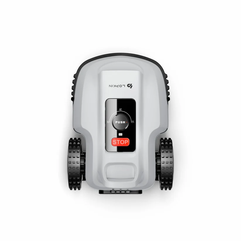 Top-down view of the Lopkin L2500 with the push-to-start dial, cut-height markings and the red STOP button