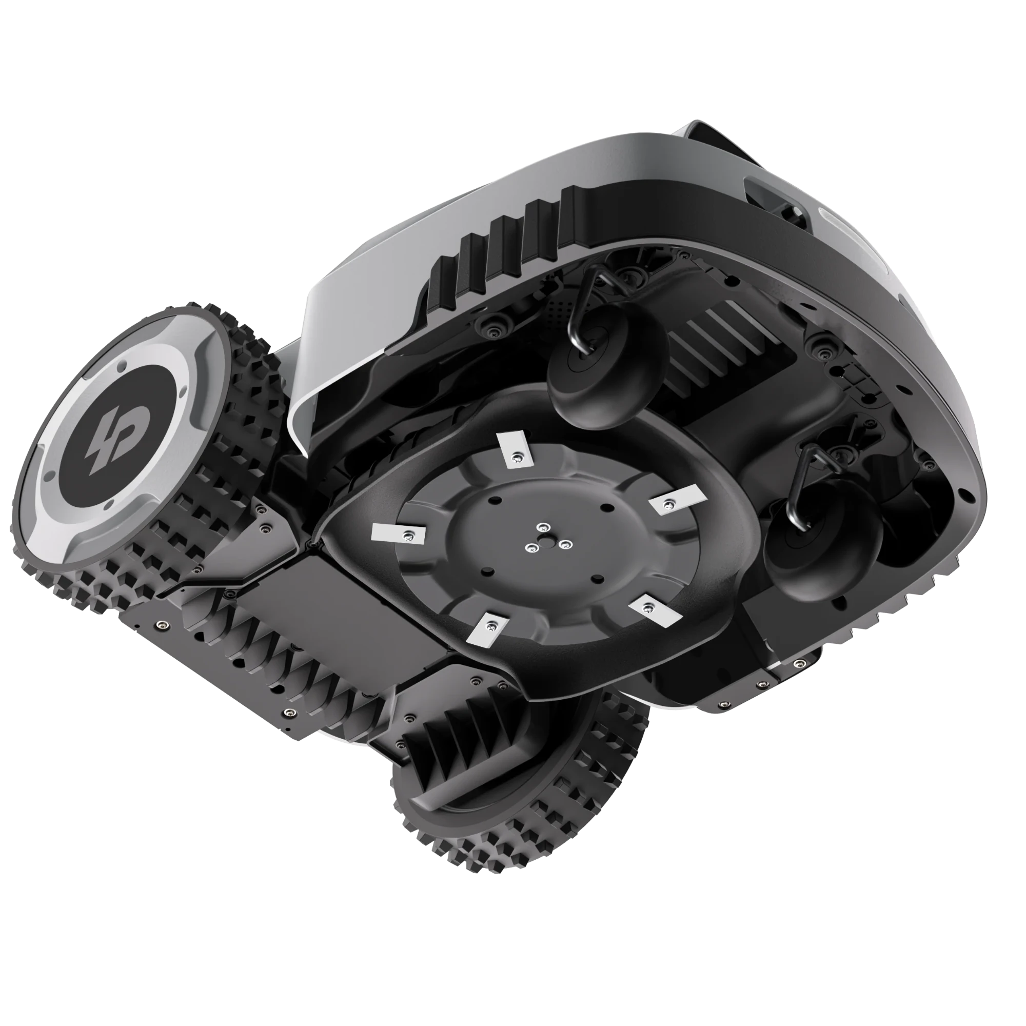 Underside of the Lopkin L2500: a single 9.4-inch cutting disc with five swing blades between the two drive wheels and front casters