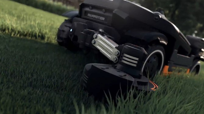 The Mammotion LUBA 4 AWD edge-trimming module cutting grass along a lawn boundary