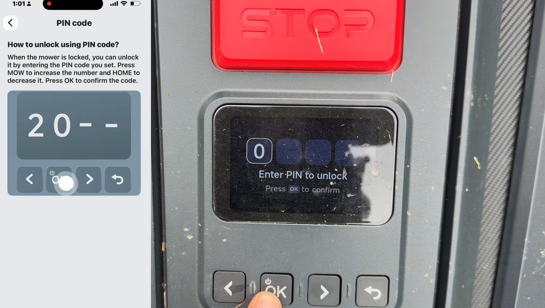 The Navimow app's PIN code instructions beside a Navimow mower's control panel asking to enter a PIN to unlock
