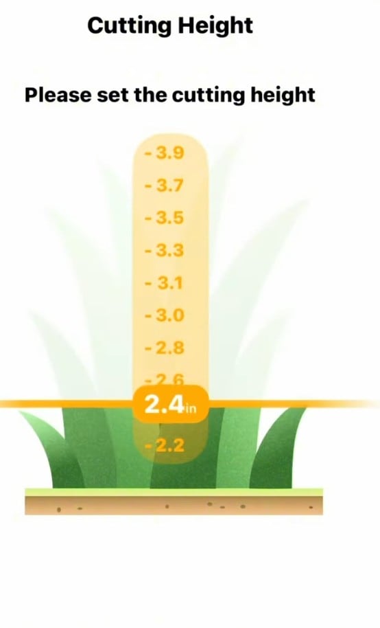 A robot mower app cutting-height screen set to 2.4 inches