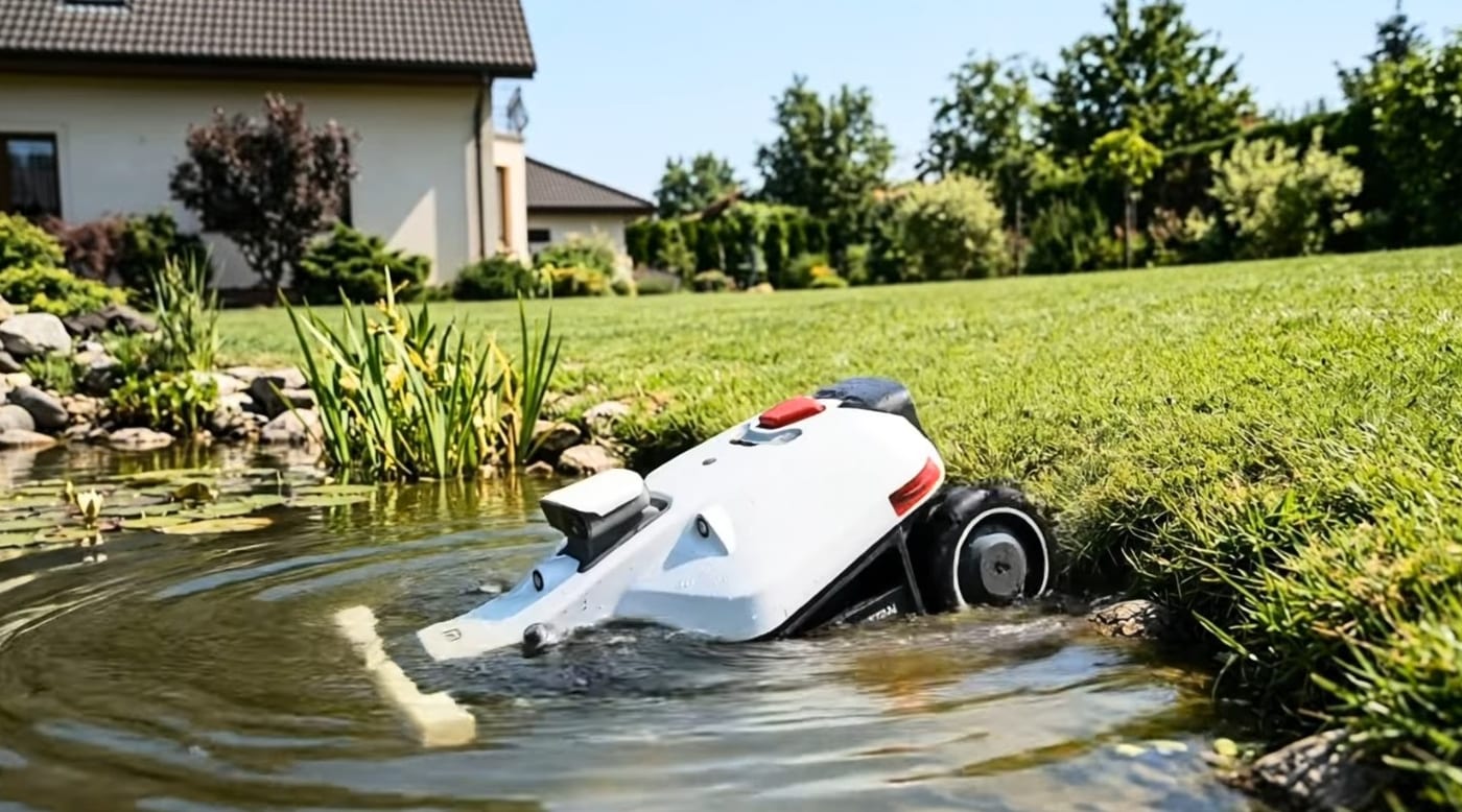 A white robot mower half-submerged after driving into a garden pond at the lawn's edge