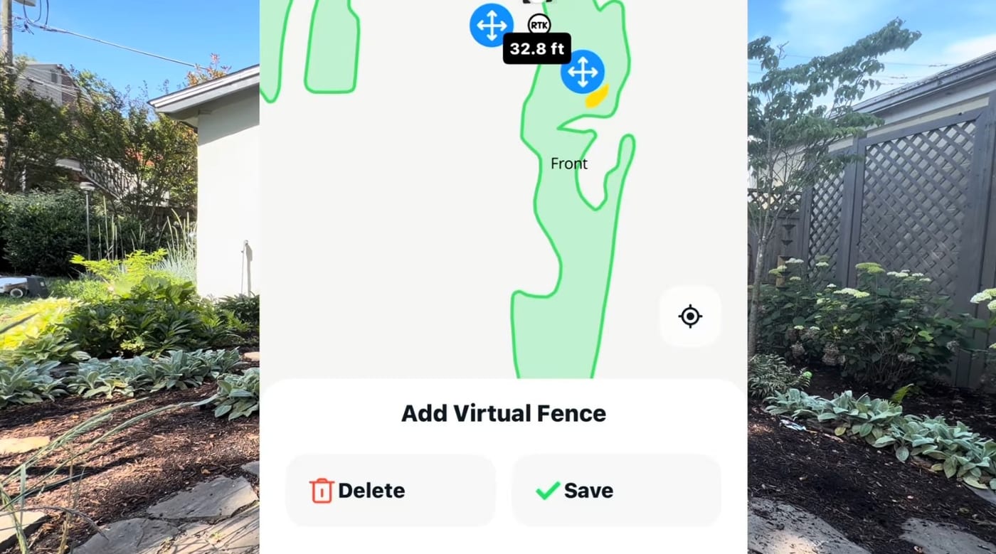 A robot mower app adding a virtual fence line across a mapped front lawn