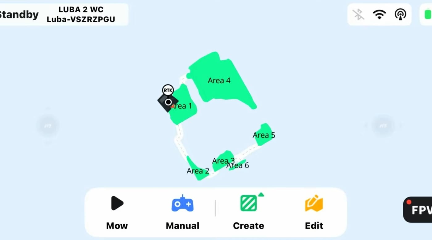 A Mammotion LUBA app showing a lawn mapped into six areas with connecting channels and an RTK dock marker