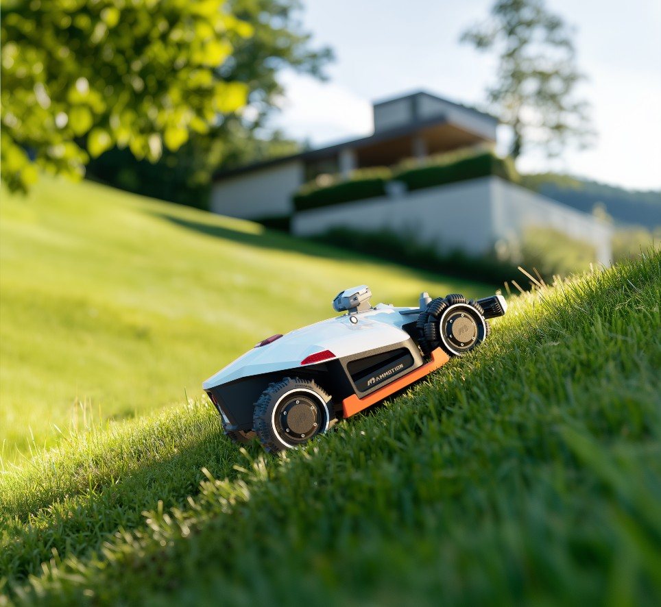 A Mammotion LUBA AWD robot mower climbing a steep grass slope below a modern house