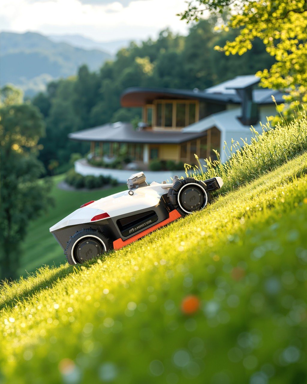 A Mammotion LUBA AWD traversing a steep hillside lawn with mountains behind