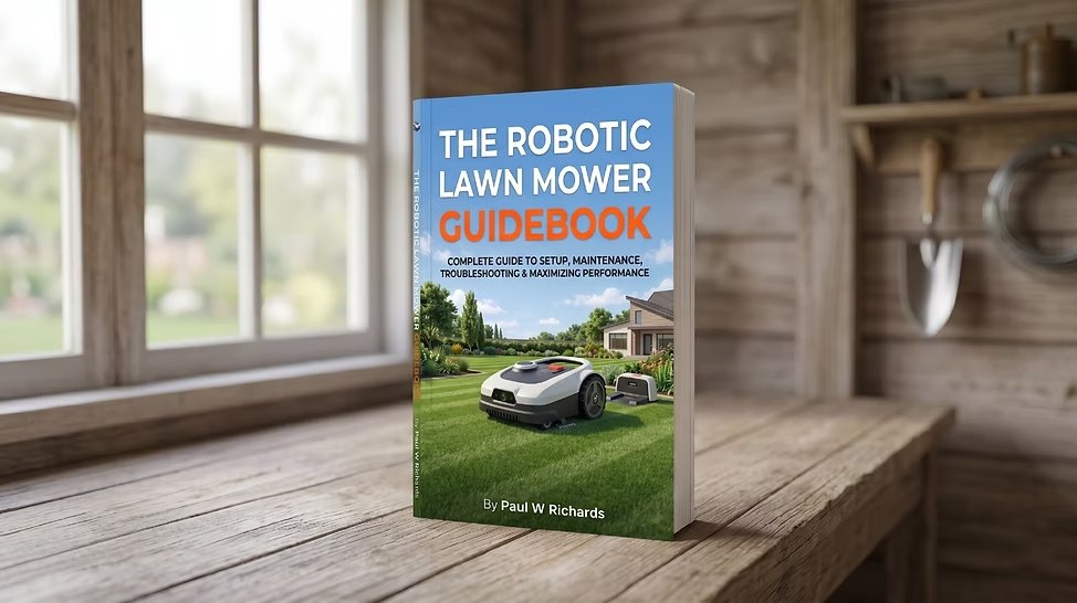 The Robotic Lawn Mower Owner's Handbook by Paul W. Richards, shown as a paperback on a workshop bench