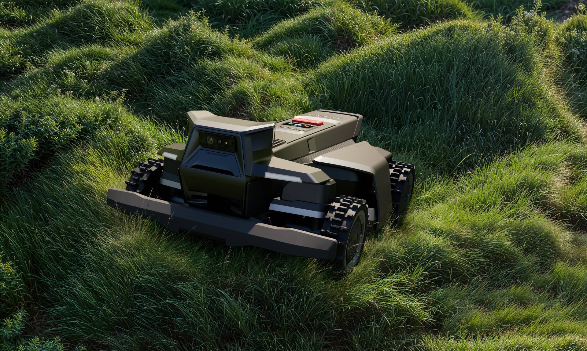 A tracked all-wheel-drive robotic mower following rolling, contoured grassy grades