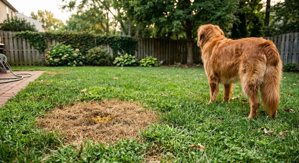 A dead circle with a green ring in a lawn, a dog standing nearby