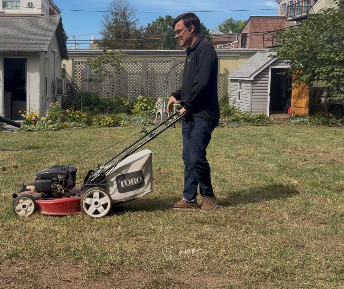 A gas push mower on a scalped, thin lawn