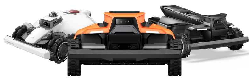 Three robotic lawn mowers — a Mammotion Luba, a Yarbo and a Segway Navimow