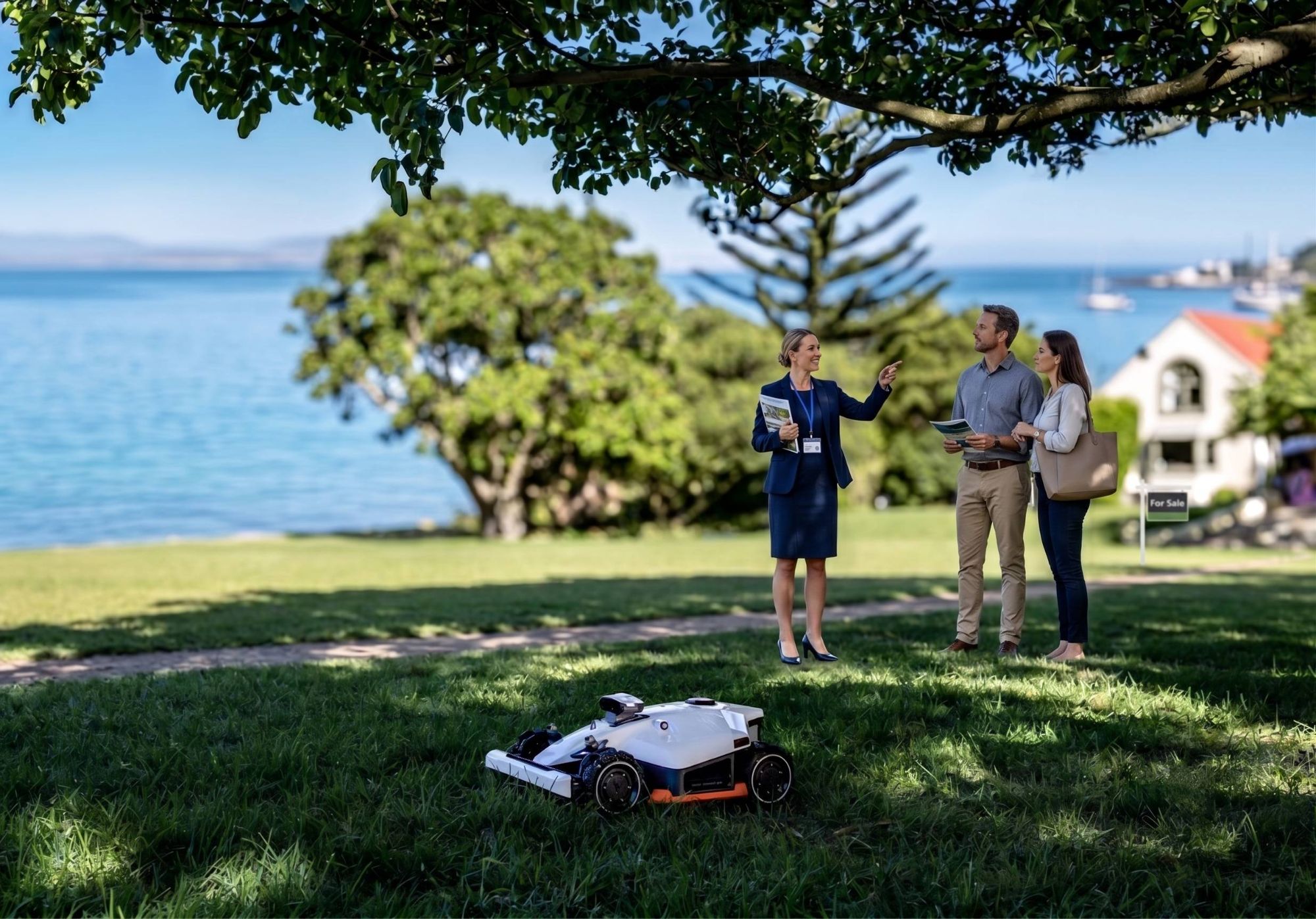 A real estate agent showing a waterfront listing to buyers, with a robotic mower cutting the lawn and a For Sale sign