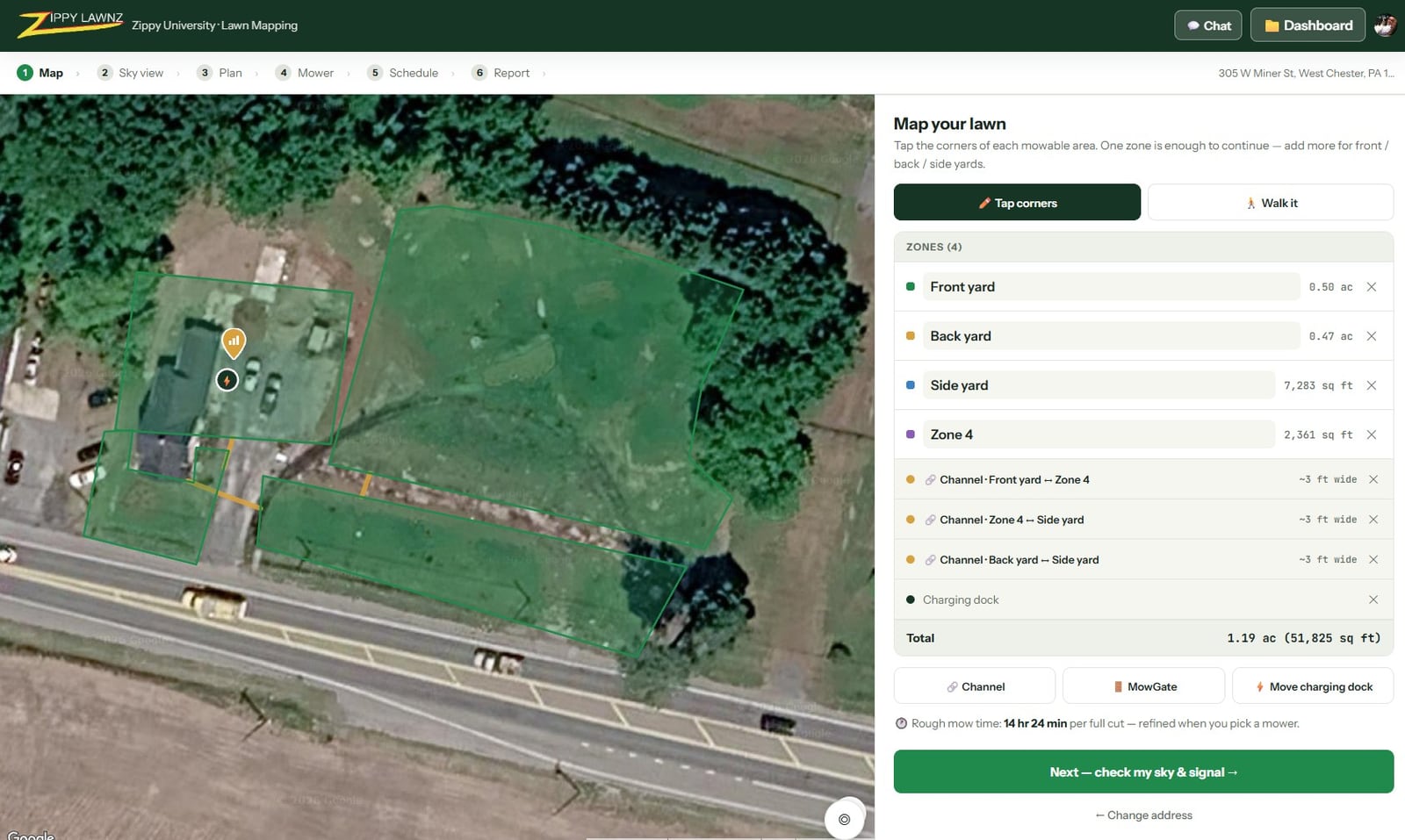 Zippy Lawn Mapping map step: four lawn zones drawn on satellite imagery with connecting channels, a charging dock, and live square footage per zone